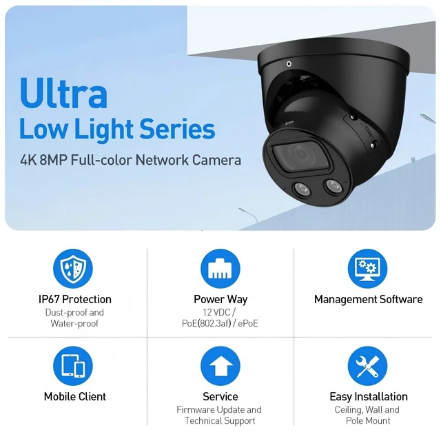 Alt view image 2 of 5 - GemaVision Full-Color Monitoring 4K 8MP 1/1.2" CMOS Fixed-Focal Warm LED Built-in MIC Turret IP POE Camera,Support IVS (Perimeter Protection) and Face Detection, IPC-Color4K-T-S2 (Black-3.6mm)