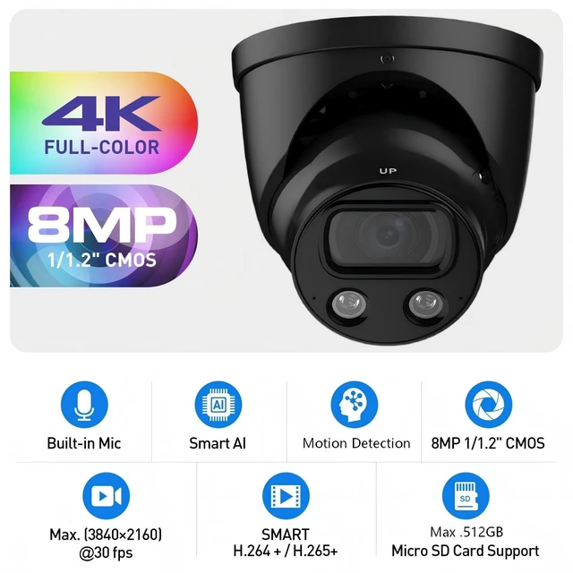 Alt view image 3 of 5 - GemaVision Full-Color Monitoring 4K 8MP 1/1.2" CMOS Fixed-Focal Warm LED Built-in MIC Turret IP POE Camera,Support IVS (Perimeter Protection) and Face Detection, IPC-Color4K-T-S2 (Black-3.6mm)