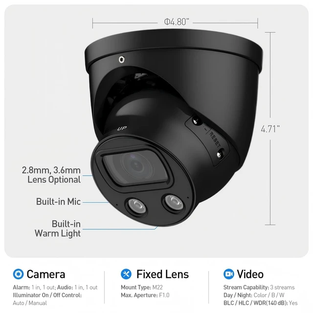 Alt view image 4 of 5 - GemaVision Full-Color Monitoring 4K 8MP 1/1.2" CMOS Fixed-Focal Warm LED Built-in MIC Turret IP POE Camera,Support IVS (Perimeter Protection) and Face Detection, IPC-Color4K-T-S2 (Black-3.6mm)