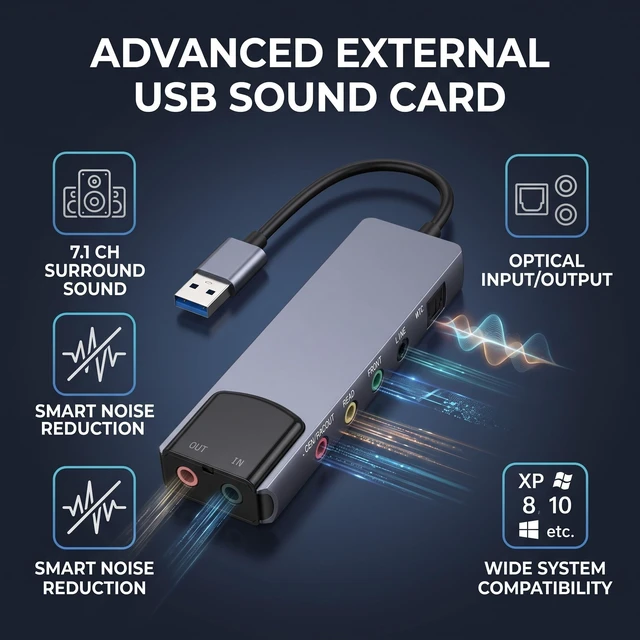 Alt view image 5 of 5 - Phefop 7.1 USB Surround Sound Card 5.1 External Sound Card with Optical SPDIF Input Output Audio Adapter Noise Reduction Aluminum for PC Laptop CM6206 Chip