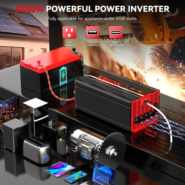 Alt view image 2 of 5 - 5500W Power Inverter 12V DC to 120V AC,11000W Peak Power for Off-Grid Solar