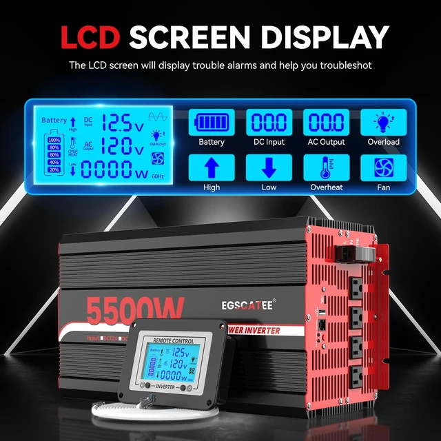 Alt view image 4 of 5 - 5500W Power Inverter 12V DC to 120V AC,11000W Peak Power for Off-Grid Solar