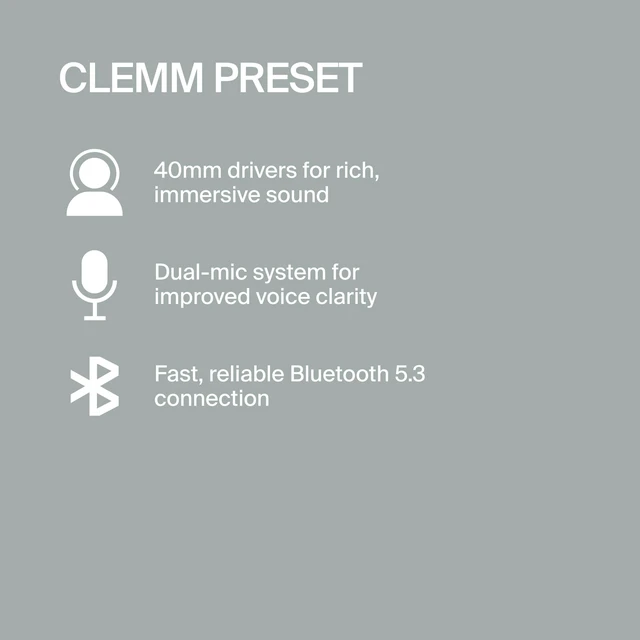Alt view image 5 of 5 - Clemm Preset Wireless Over-Ear Headphones, 95H Playtime, Bluetooth, 40mm Drivers, Built-in Mic, Memory Foam Earcups, Aux Cable Included, Foldable Design, Lavender