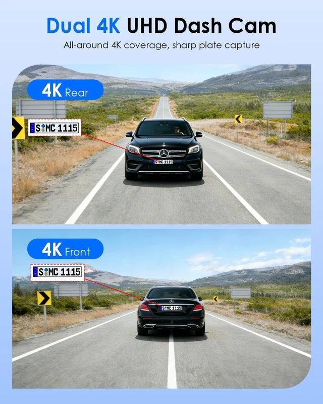 Alt view image 2 of 5 - 4K+4K Dash Cam Front and Rear, Free 128GB Card Included, 5.8GHz WiFi-20MB/s Fast Download, Dash Camera for Cars with Accurate GPS, G-Sensor, WDR Night Vision, 3.39" IPS Screen, 24H Parking Mode