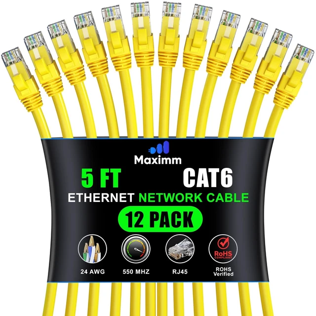 Main image of Maximm Cat6 Ethernet Cable 5 Ft, 10 Gbps 550 MHz, Yellow, 12 Pack