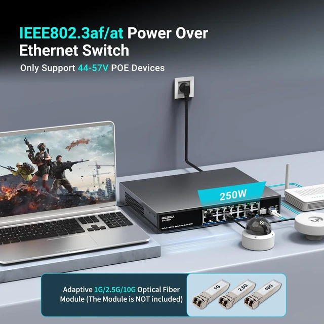 Alt view image 3 of 5 - 16 Port 2.5G PoE Switch Unmanaged with 16 Port 2.5Gb Base-T PoE+@250W + 2 x 10G SFP+ Uplink, NICGIGA 18 Port 2.5Gbe IEEE802.3af/at Power Over Ethernet Switch, Support WiFi6 AP, NAS, 4K PoE Camera NVR.