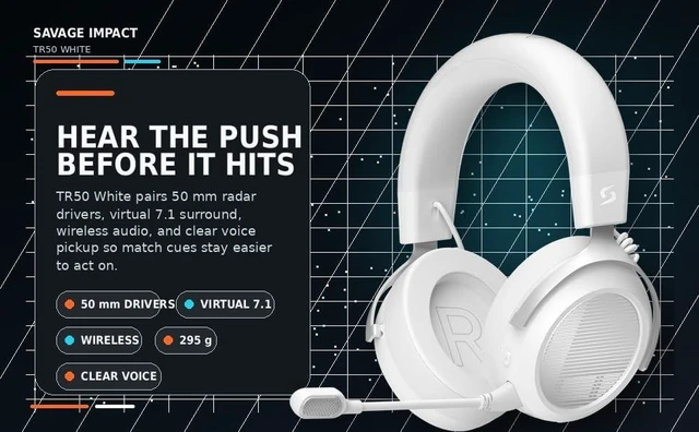Alt view image 3 of 5 - Savage Impact TR50 Wireless Gaming Headset White, 50 mm Radar Diaphragm Drivers, Virtual 7.1 Surround, CM6572 Chip, 295 g Lightweight Over Ear Headset with Boom Mic