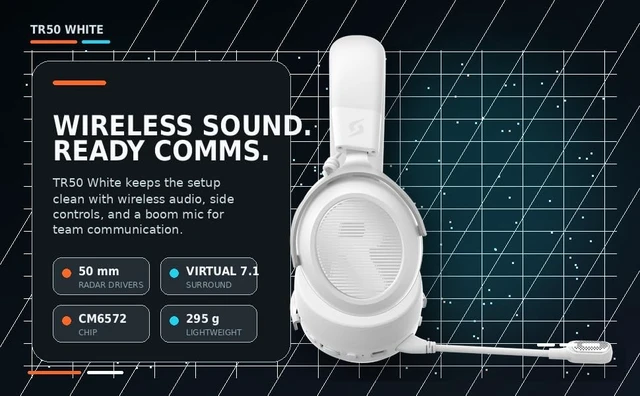 Alt view image 5 of 5 - Savage Impact TR50 Wireless Gaming Headset White, 50 mm Radar Diaphragm Drivers, Virtual 7.1 Surround, CM6572 Chip, 295 g Lightweight Over Ear Headset with Boom Mic