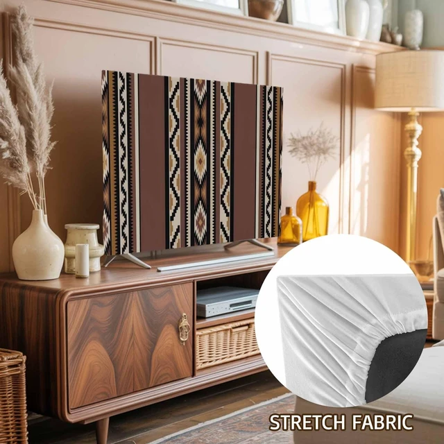 Alt view image 2 of 5 - TV Cover 65'', Brown Boho Elastic Stretch TV Screen Dust Cover Indoor, Vintage Ethnic Tribe Retro Abstract Art Washable Anti-Dust & Scratch Protector Covers, Universal Fit for Flat Curved LED LCD TVs