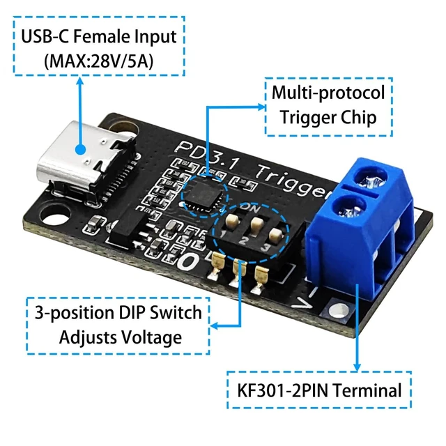 Alt view image 2 of 5 - USB C PD Trigger Board, Type-C PD3.0/3.1 QC Decoy Module, 5V to 28V Adjustable Voltage, 140W 5A Fast Charge Power Trigger Module, USB-C Female Input (4-Pack)