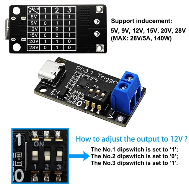 Alt view image 3 of 5 - USB C PD Trigger Board, Type-C PD3.0/3.1 QC Decoy Module, 5V to 28V Adjustable Voltage, 140W 5A Fast Charge Power Trigger Module, USB-C Female Input (4-Pack)