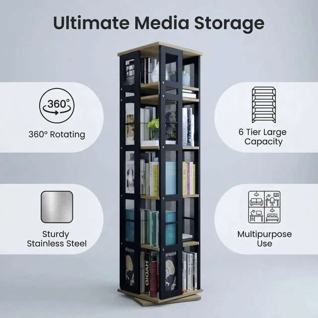 Alt view image 2 of 5 - Setmoi Heavy Duty CD Rack Tower, Media Storage Cabinet, 6 Tier Rotating Media Tower Rack for CDs, DVDs, Books and Game Discs, DVD Stand for Living Room, Home Office and Recording Room