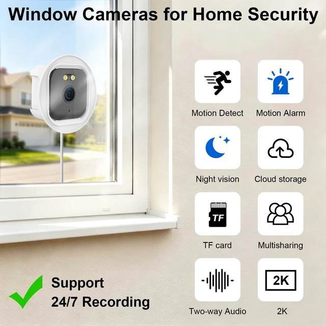 Alt view image 2 of 5 - BiOSAFETY 2K Window Indoor Camera for Home Security, 5G&2.4G WiFi Indoor Angled Window Cam Stick on Glass, Full Color Night Vision, 24/7 AI Human Detection for RV, Apartment