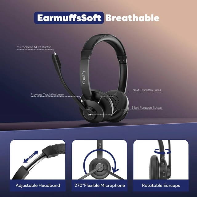 Alt view image 3 of 5 - XirocTcy Wireless Headset with Mic for Work, Bluetooth Headset, Mic Clear Calls, Wireless Headphones with AI Noise Cancelling Microphone (Bluetooth 5.3 & Mic Mute), for Laptop(Without US