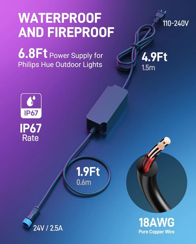 Alt view image 4 of 5 - PowerGpt Weatherproof Power Supply for Philips Hue Outdoor Low Voltage Lights, 60W/24V Power Adapter Replacement for Lily Spot/XL Spot, Calla Pathway, Impress Pedestal, Impress Wall (6.9Ft)