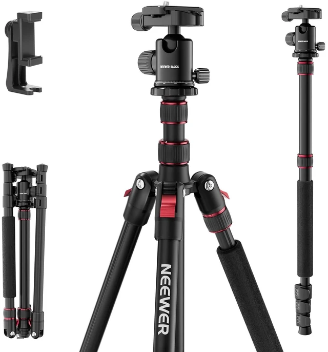 Main image of NEEWER Basics Camera Tripod Monopod, 71" Aluminum Heavy Duty Portable Travel DSLR Cell Phone Stand with 360 Ball Head Cellphone Holder Mount Compatible with iPhone for Filming Video Recording, TP15