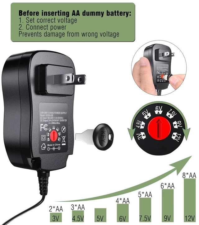 Alt view image 5 of 5 - Adjustable AC Continuous Power Supply Adapter AA Dummy Battery kit (Replace up to 8 AA Battery) for Doorbells/thermostats/LED Light/Decorations