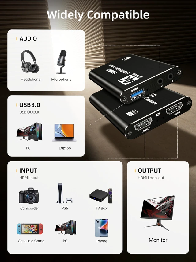 Alt view image 2 of 5 - Fulfalic HDMI Capture Card, USB 3.0 1080P 60FPS Video Capture Card with HDMI Loop-Out & Mic Input, Low Latency Game Capture for Streaming, Compatible with PS5/PS4/Xbox/Switch/Camera, OBS Windows Mac