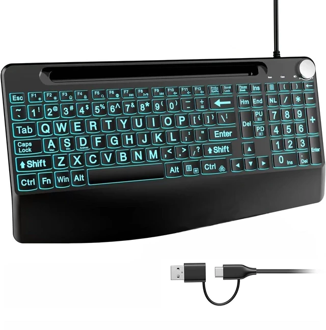 Main image of YSKOOL USB C(Type C)/USB A Wired Large Print Keyboard with Quiet Scissor Keys7 Colored Backlits Phone Holder &Volume Knob and Wrist Rest, Full Size Keyboard for MacBook,Mac,Windows Laptop Pc, Black