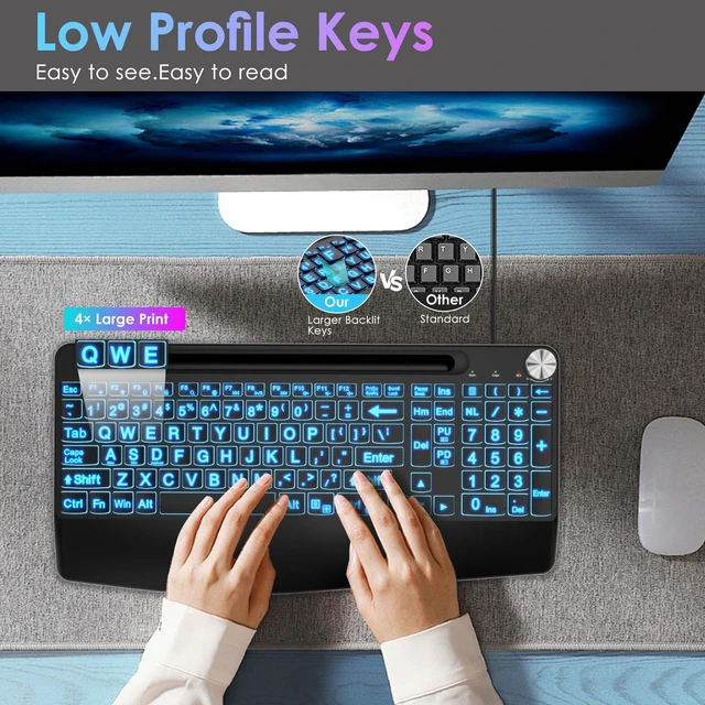 Alt view image 2 of 5 - YSKOOL USB C(Type C)/USB A Wired Large Print Keyboard with Quiet Scissor Keys7 Colored Backlits Phone Holder &Volume Knob and Wrist Rest, Full Size Keyboard for MacBook,Mac,Windows Laptop Pc, Black