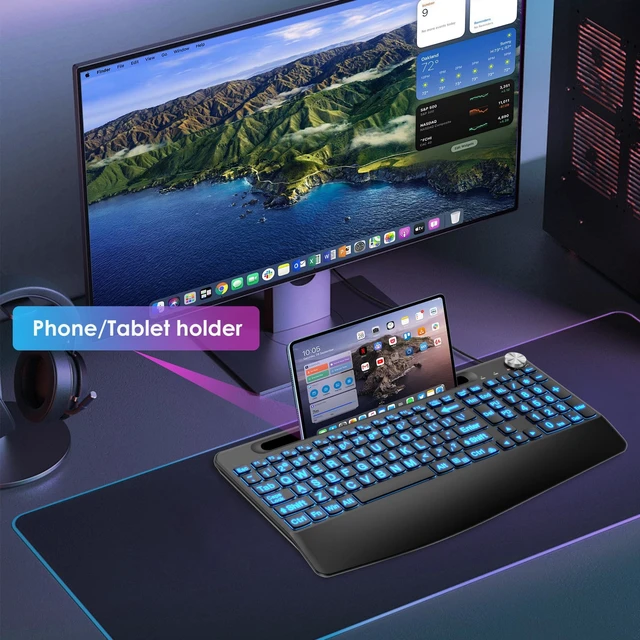 Alt view image 4 of 5 - YSKOOL USB C(Type C)/USB A Wired Large Print Keyboard with Quiet Scissor Keys7 Colored Backlits Phone Holder &Volume Knob and Wrist Rest, Full Size Keyboard for MacBook,Mac,Windows Laptop Pc, Black
