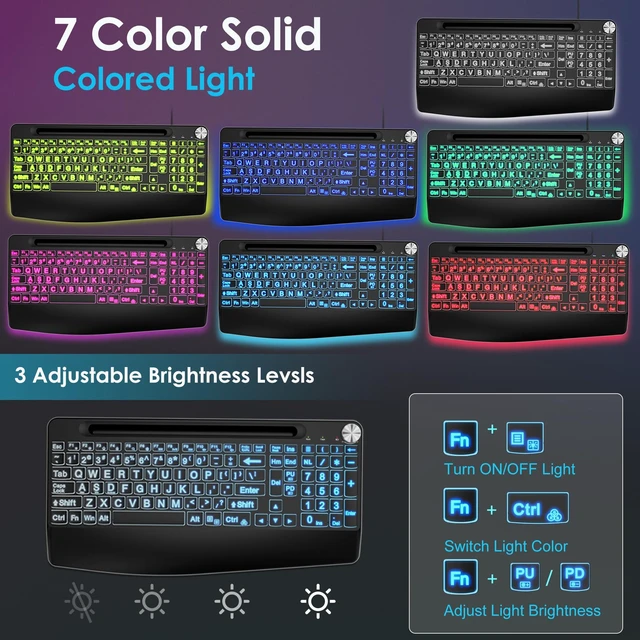 Alt view image 5 of 5 - YSKOOL USB C(Type C)/USB A Wired Large Print Keyboard with Quiet Scissor Keys7 Colored Backlits Phone Holder &Volume Knob and Wrist Rest, Full Size Keyboard for MacBook,Mac,Windows Laptop Pc, Black