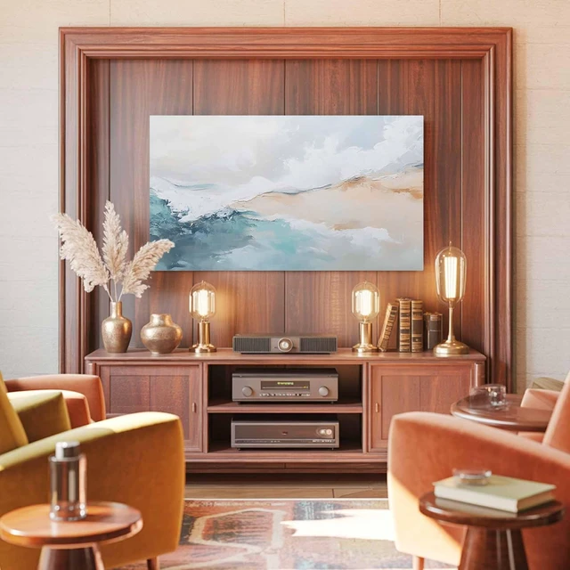 Alt view image 3 of 5 - TV Cover 55'', Teal Beige Elastic Stretch TV Screen Dust Cover Indoor, Modern Oil Painting Art Coastal Washable Anti-Dust & Scratch Protector Covers, Universal Fit for Flat Curved LED LCD TVs
