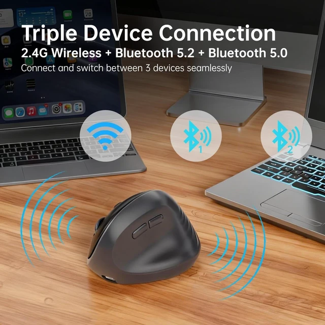 Alt view image 3 of 5 - PYP Ergonomic Vertical Wireless Mouse, Bluetooth 5.2/5.0 & 2.4G Tri-Mode, Type-C Rechargeable with Power Display, 6-Level Adjustable 8,000 DPI, Lightweight Quiet Click for Laptop Mac - Matte Bl