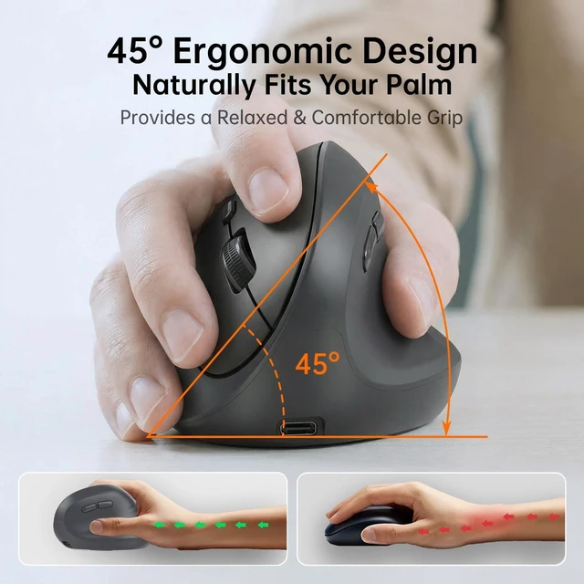 Alt view image 4 of 5 - PYP Ergonomic Vertical Wireless Mouse, Bluetooth 5.2/5.0 & 2.4G Tri-Mode, Type-C Rechargeable with Power Display, 6-Level Adjustable 8,000 DPI, Lightweight Quiet Click for Laptop Mac - Matte Bl