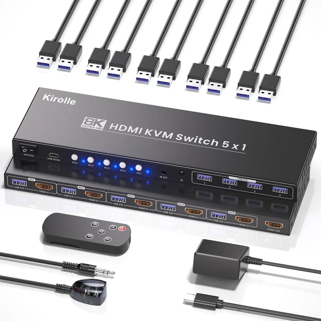 Main image of 5 Port HDMI KVM Switch, 8K@60Hz 4K@120Hz KVM Switch 1 Monitor 5 Computers for Controlling 5 PCs with 1 Set of Keyboard, Mouse and Monitor