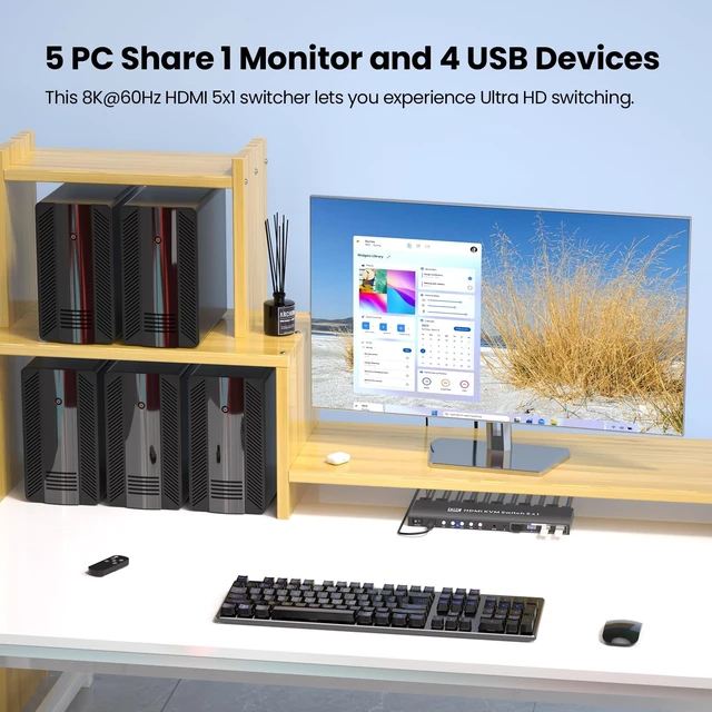 Alt view image 2 of 5 - 5 Port HDMI KVM Switch, 8K@60Hz 4K@120Hz KVM Switch 1 Monitor 5 Computers for Controlling 5 PCs with 1 Set of Keyboard, Mouse and Monitor