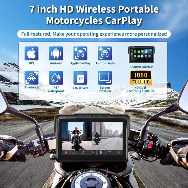 Alt view image 2 of 5 - Motorcycle CarPlay Screen 7", Waterproof GPS Display for Motorbike, Wireless CarPlay & Android Auto para Moto, Dual Bluetooth, Touchscreen, Music Sharing Siri (7" Wireless CarPlay) ((Dua