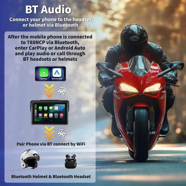 Alt view image 4 of 5 - Motorcycle CarPlay Screen 7", Waterproof GPS Display for Motorbike, Wireless CarPlay & Android Auto para Moto, Dual Bluetooth, Touchscreen, Music Sharing Siri (7" Wireless CarPlay) ((Dua