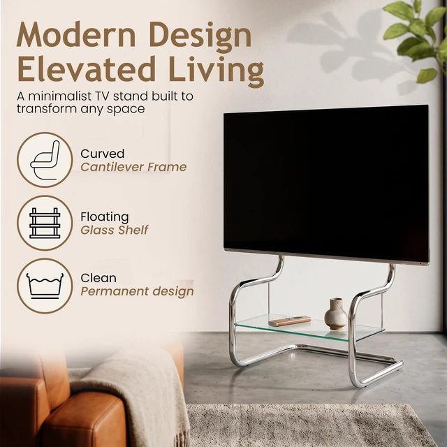 Alt view image 2 of 5 - zeitgeist TV Stand Modern Minimalist Glass Shelf Floor Stand Metal up to 65 inch for Living Room Corner Height Adjustable Mount with HDMI, Antenna, Power Cables pre-Installed Chrome/Silver