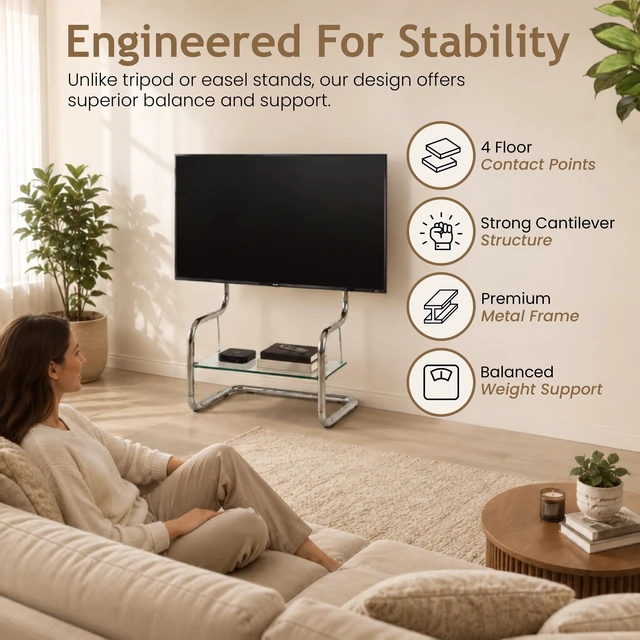 Alt view image 3 of 5 - zeitgeist TV Stand Modern Minimalist Glass Shelf Floor Stand Metal up to 65 inch for Living Room Corner Height Adjustable Mount with HDMI, Antenna, Power Cables pre-Installed Chrome/Silver