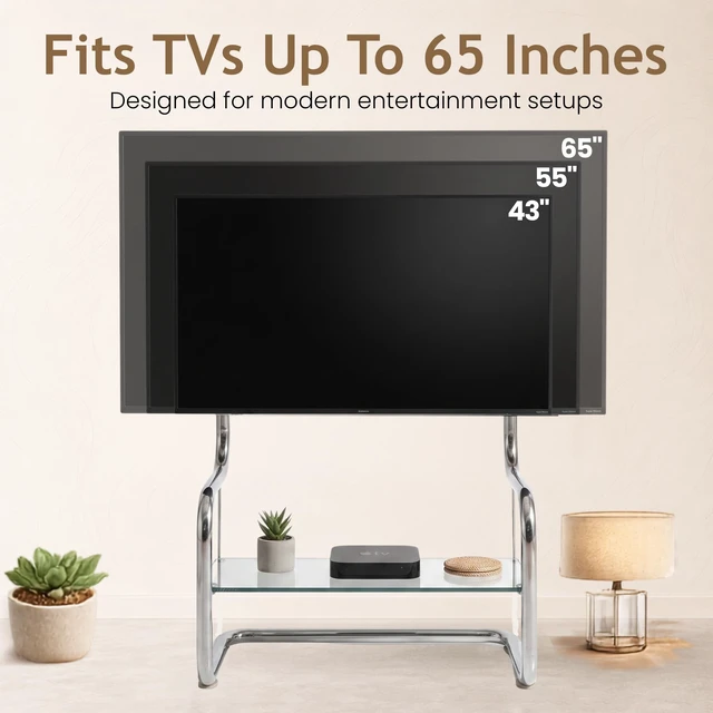 Alt view image 4 of 5 - zeitgeist TV Stand Modern Minimalist Glass Shelf Floor Stand Metal up to 65 inch for Living Room Corner Height Adjustable Mount with HDMI, Antenna, Power Cables pre-Installed Chrome/Silver