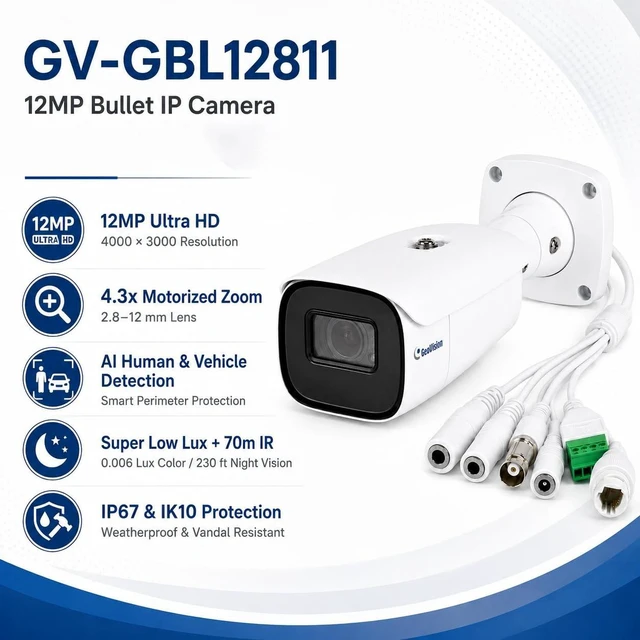 Alt view image 2 of 5 - GeoVision GV-GBL12811 12MP Outdoor Bullet IP Camera, 4.3X Motorized Zoom, AI Perimeter Protection, Human & Vehicle Classification, Smart Night Vision, IP67 Waterproof, IK10 Vandal-Resistant