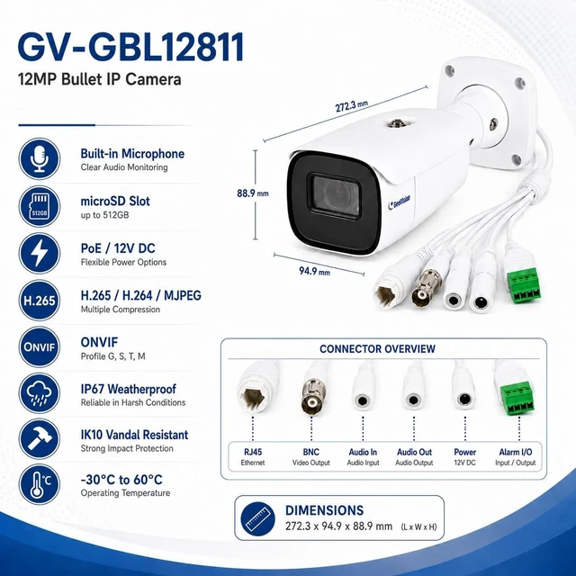 Alt view image 4 of 5 - GeoVision GV-GBL12811 12MP Outdoor Bullet IP Camera, 4.3X Motorized Zoom, AI Perimeter Protection, Human & Vehicle Classification, Smart Night Vision, IP67 Waterproof, IK10 Vandal-Resistant