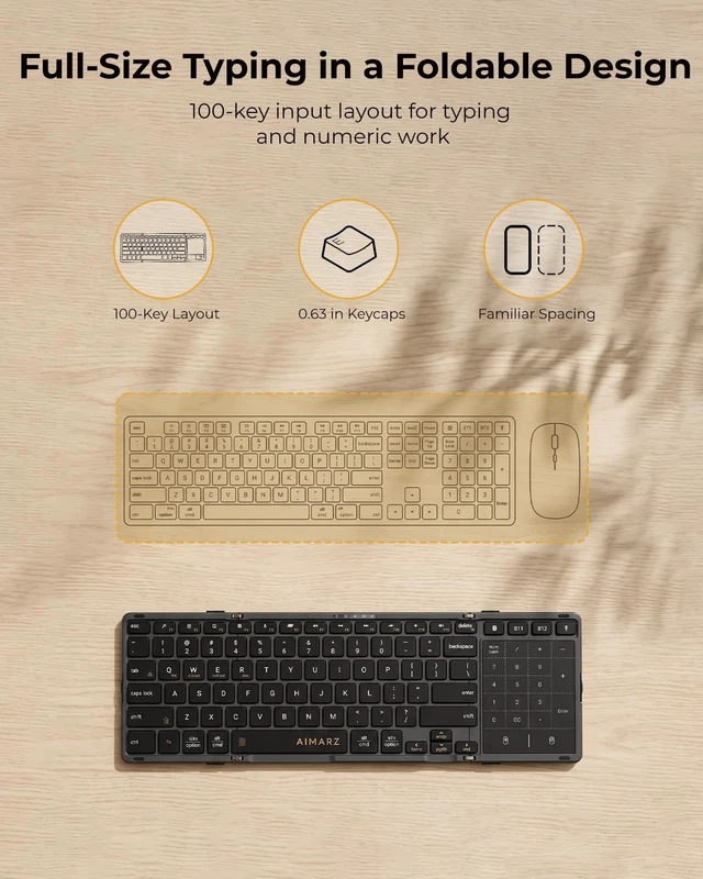 Alt view image 2 of 5 - AIMARZ AF01 Foldable Keyboard, Full-Size Keys, Touchpad/Number Pad, Black