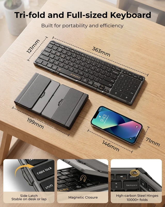 Alt view image 3 of 5 - AIMARZ AF01 Foldable Keyboard, Full-Size Keys, Touchpad/Number Pad, Black