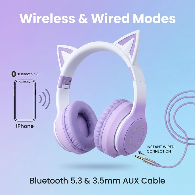 Alt view image 3 of 5 - Erchineko Bluetooth Cat Ear Headphones, Wireless Wired Mode Foldable Headset with Detachable Mic, Stereo Sound, LED Light, Over Ear Headphones for Phone, Laptop, PC, Gaming (Purple)
