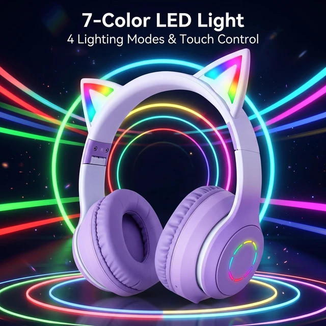 Alt view image 2 of 5 - Erchineko Bluetooth Cat Ear Headphones, Wireless Wired Mode Foldable Headset with Detachable Mic, Stereo Sound, LED Light, Over Ear Headphones for Phone, Laptop, PC, Gaming (Purple)