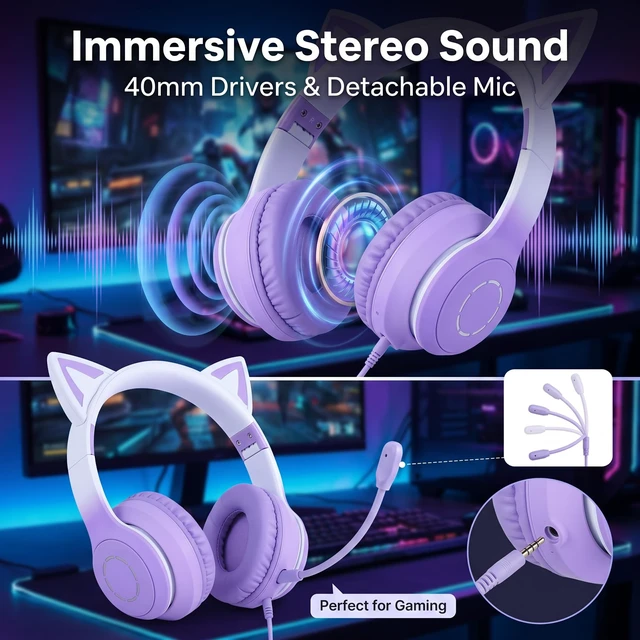 Alt view image 4 of 5 - Erchineko Bluetooth Cat Ear Headphones, Wireless Wired Mode Foldable Headset with Detachable Mic, Stereo Sound, LED Light, Over Ear Headphones for Phone, Laptop, PC, Gaming (Purple)