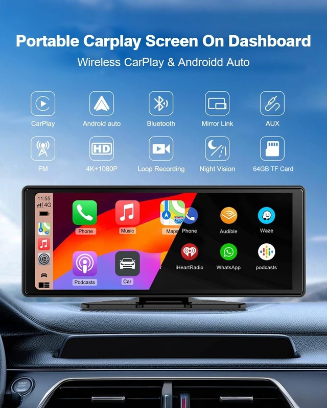 Alt view image 3 of 5 - Portable Wireless Carplay Screen Monitor 4K Front Dash &1080P Backup Camera