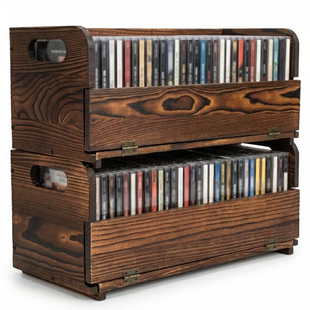 Main image of 2-Pack Solid Wood CD Storage Boxes, Holds 70 Pcs, CD storage rack Stackable