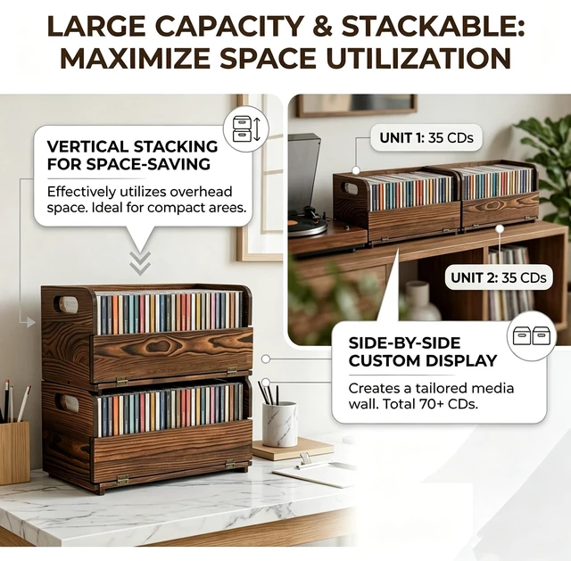Alt view image 4 of 5 - 2-Pack Solid Wood CD Storage Boxes, Holds 70 Pcs, CD storage rack Stackable