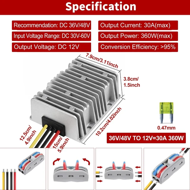 Alt view image 2 of 5 - 36V 48V to 12V Converter 30A 360W DC-DC Step Down Voltage Regulator, Waterproof Golf Cart Voltage Reducer with Fuse, IP68 Buck Converter for Golf Cart, Forklift, RV, Marine