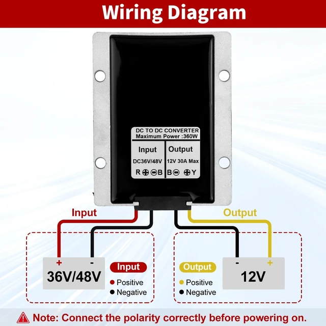 Alt view image 3 of 5 - 36V 48V to 12V Converter 30A 360W DC-DC Step Down Voltage Regulator, Waterproof Golf Cart Voltage Reducer with Fuse, IP68 Buck Converter for Golf Cart, Forklift, RV, Marine