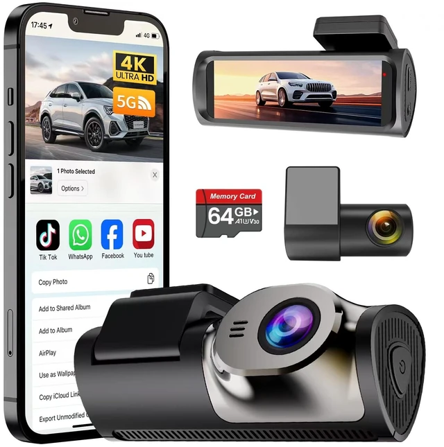 Main image of 4K+1080P Dash Cam Front and Rear,64GB Card Included,5.8GHz WiFi Dash Camera for Cars,App up to 20MB/s Fastest Download,G-Sensor,Night Vision,24h Parking Monitoring,Loop Recording,170 Wide Angle