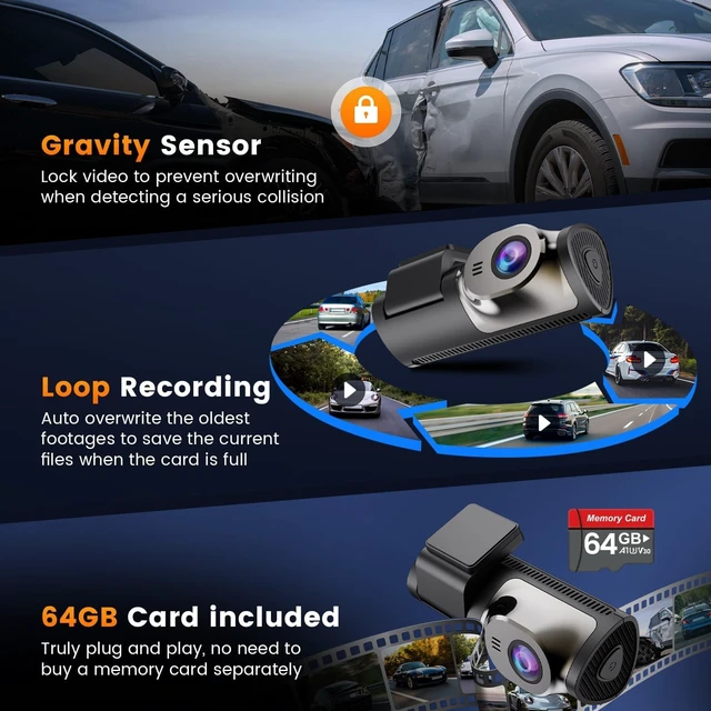 Alt view image 4 of 5 - 4K+1080P Dash Cam Front and Rear,64GB Card Included,5.8GHz WiFi Dash Camera for Cars,App up to 20MB/s Fastest Download,G-Sensor,Night Vision,24h Parking Monitoring,Loop Recording,170 Wide Angle